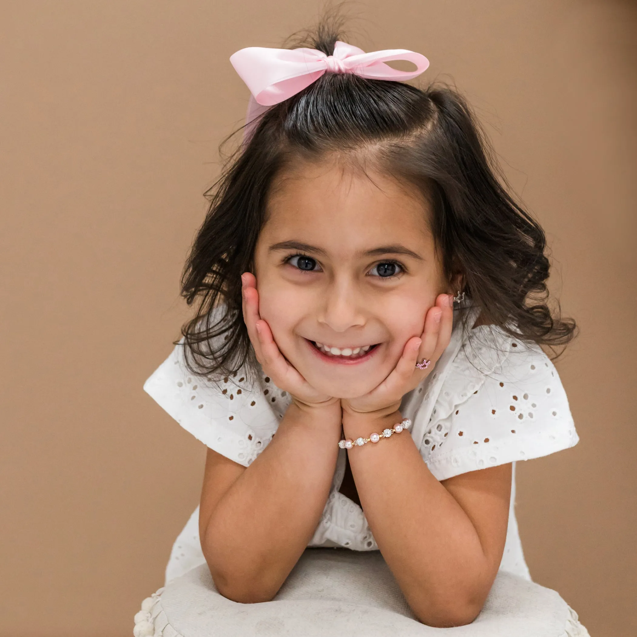 14K Gold Plated Children's Bracelet with Simulated Pink Pearl and Sparkling Stardust Accents