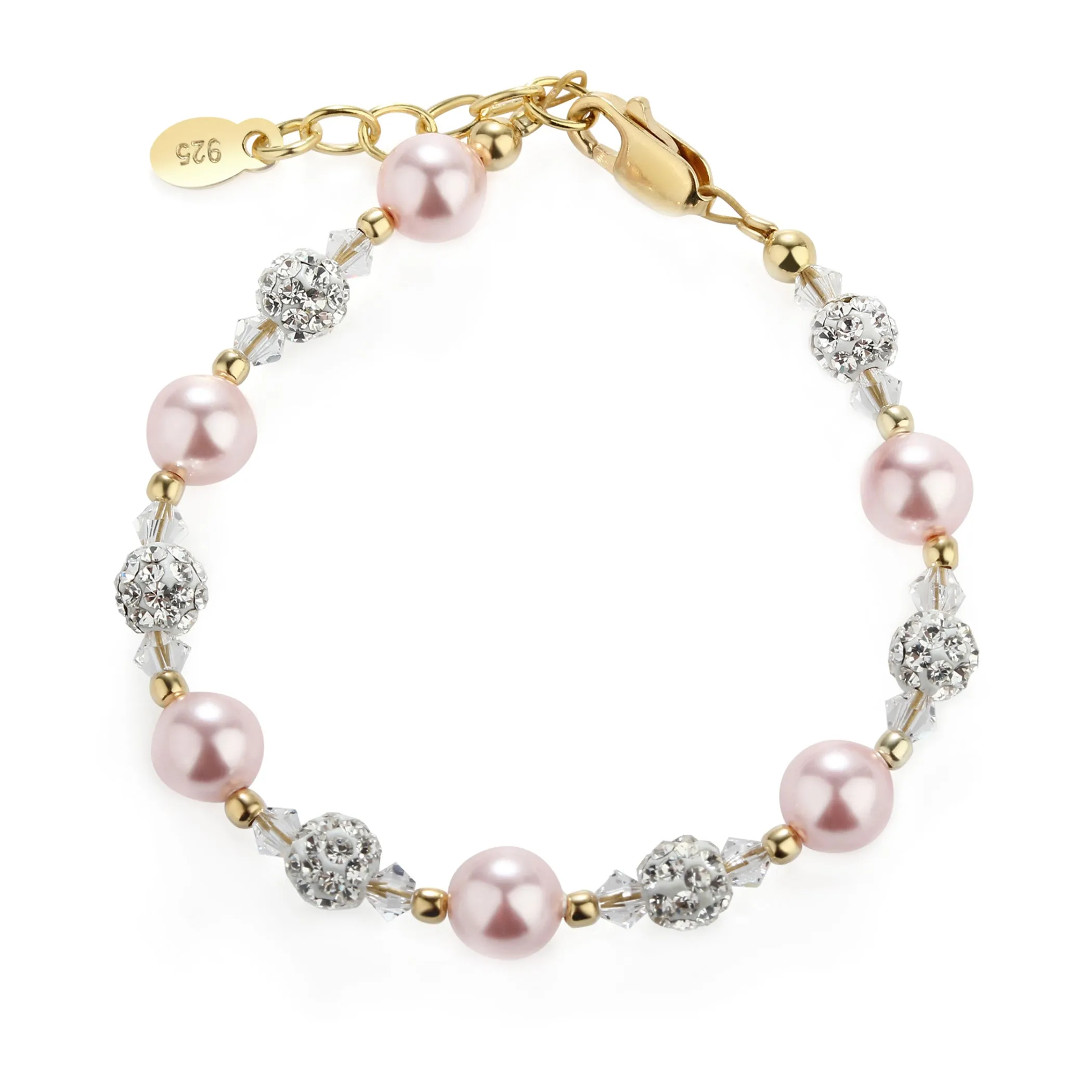 14K Gold Plated Children's Bracelet with Simulated Pink Pearl and Sparkling Stardust Accents