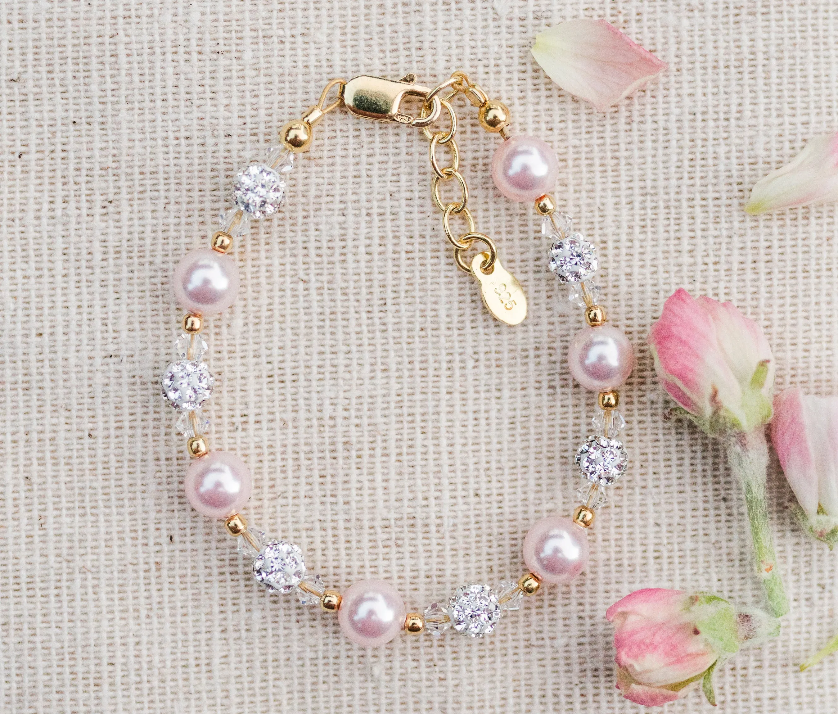 14K Gold Plated Children's Bracelet with Simulated Pink Pearl and Sparkling Stardust Accents