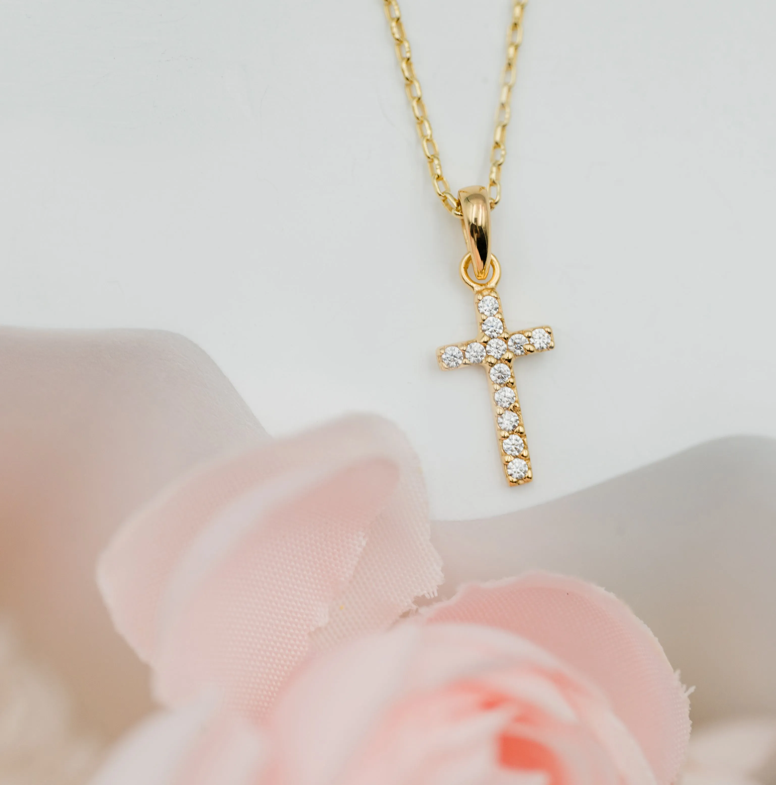14K Gold-Plated Children's Cross Necklace with CZs for Girls