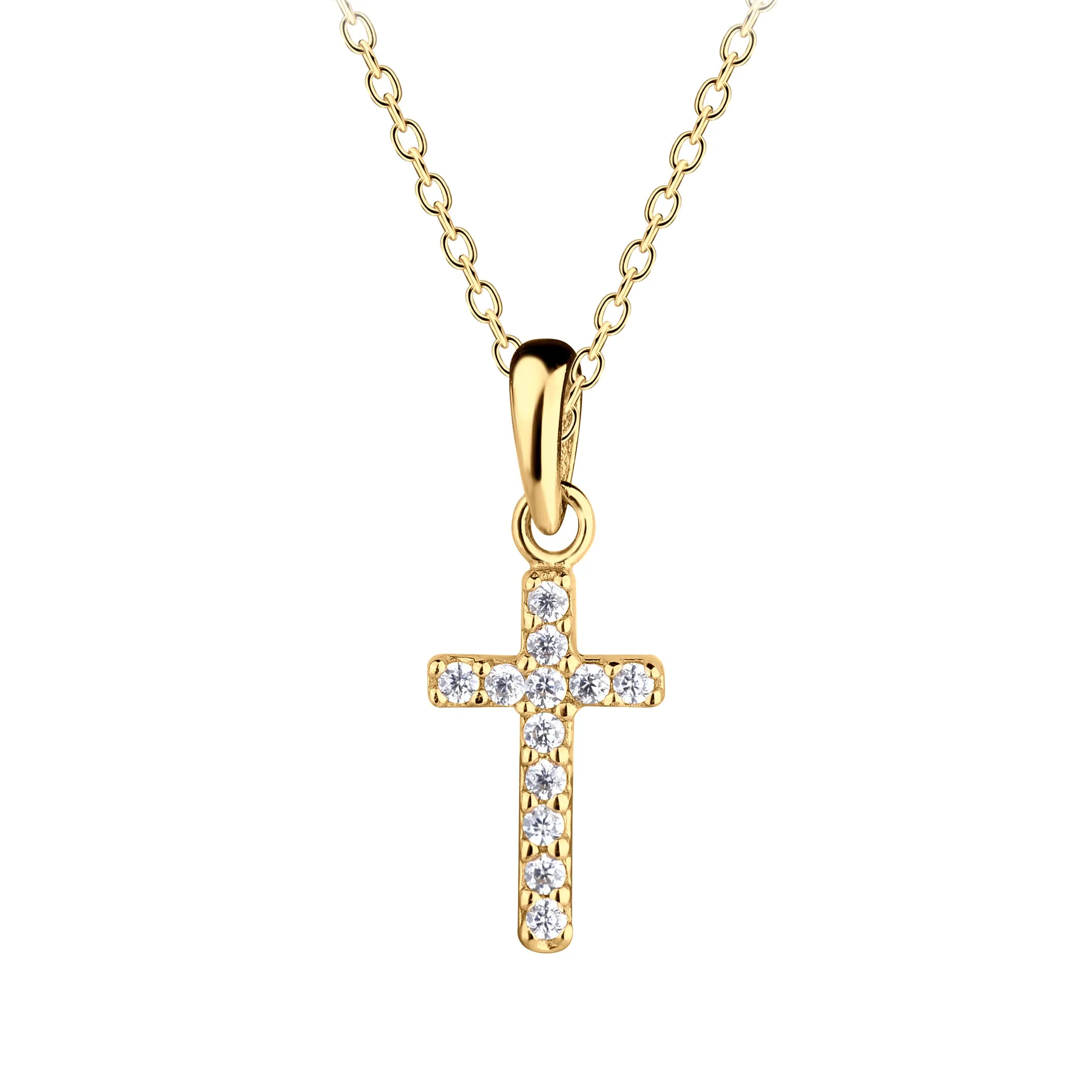 14K Gold-Plated Children's Cross Necklace with CZs for Girls