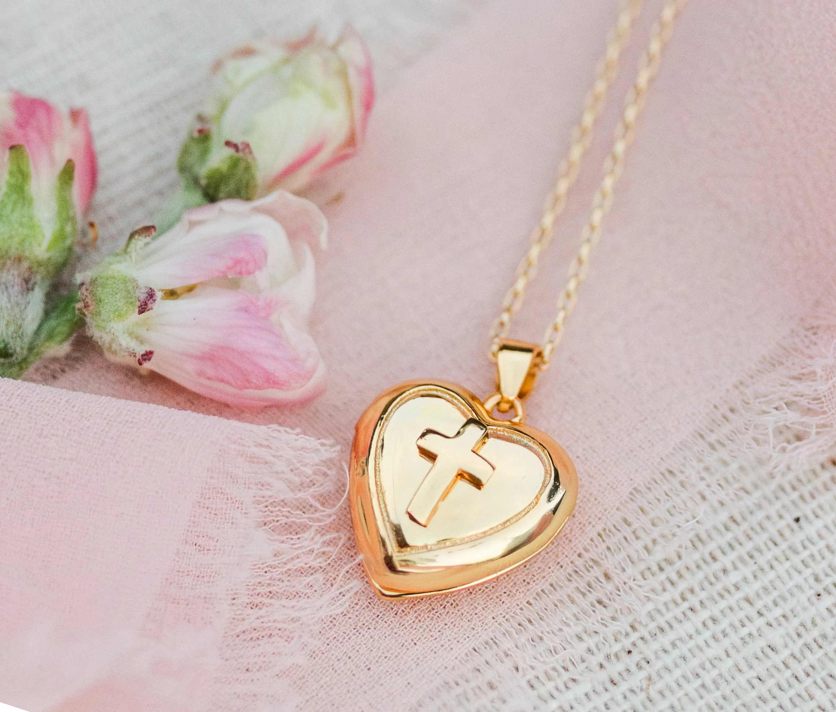 14K Gold Plated Children's Heart Locket with Cross First Communion Gift