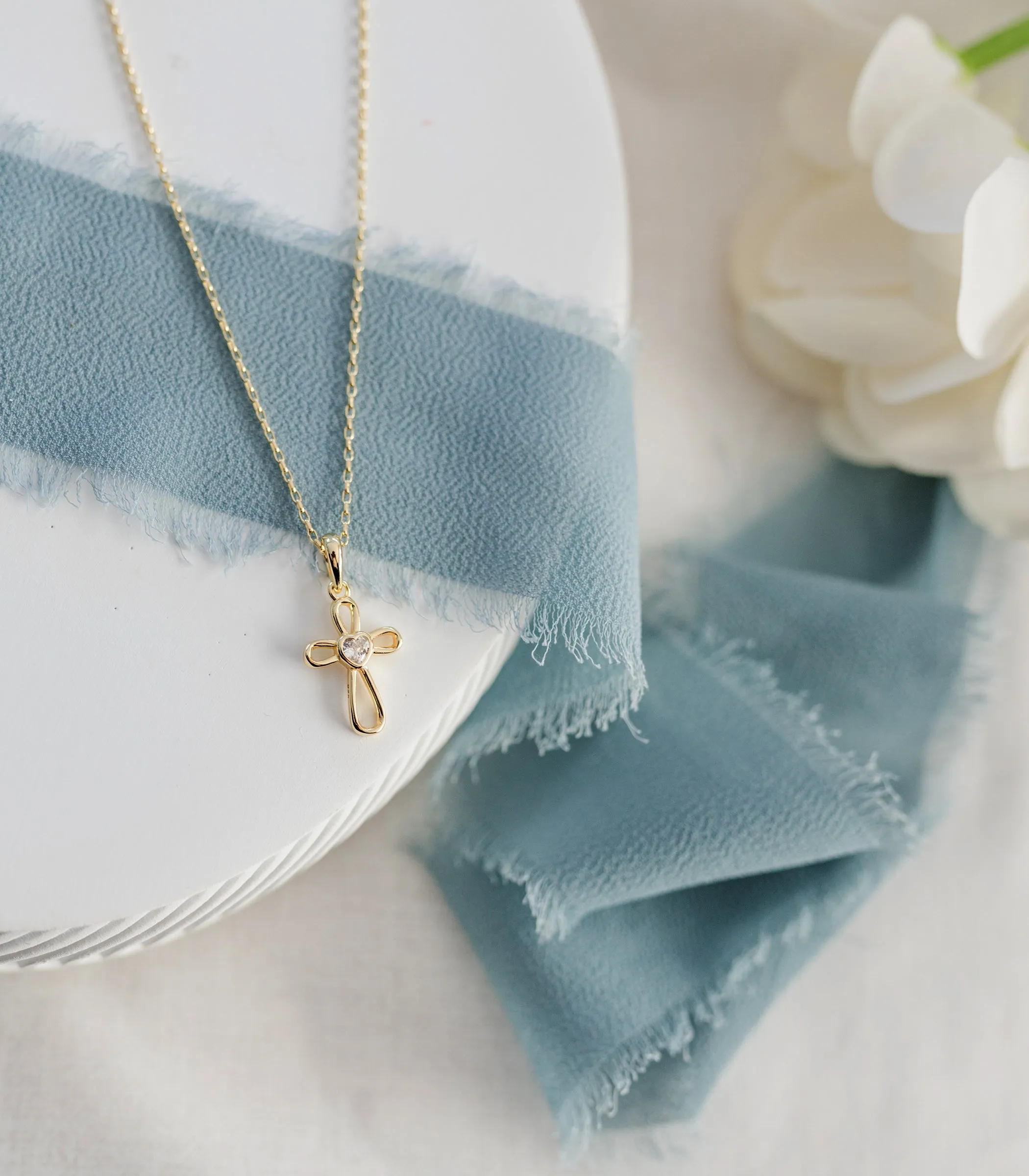14K Gold-Plated Children's Infinity Cross Necklace with CZ Heart for Girls