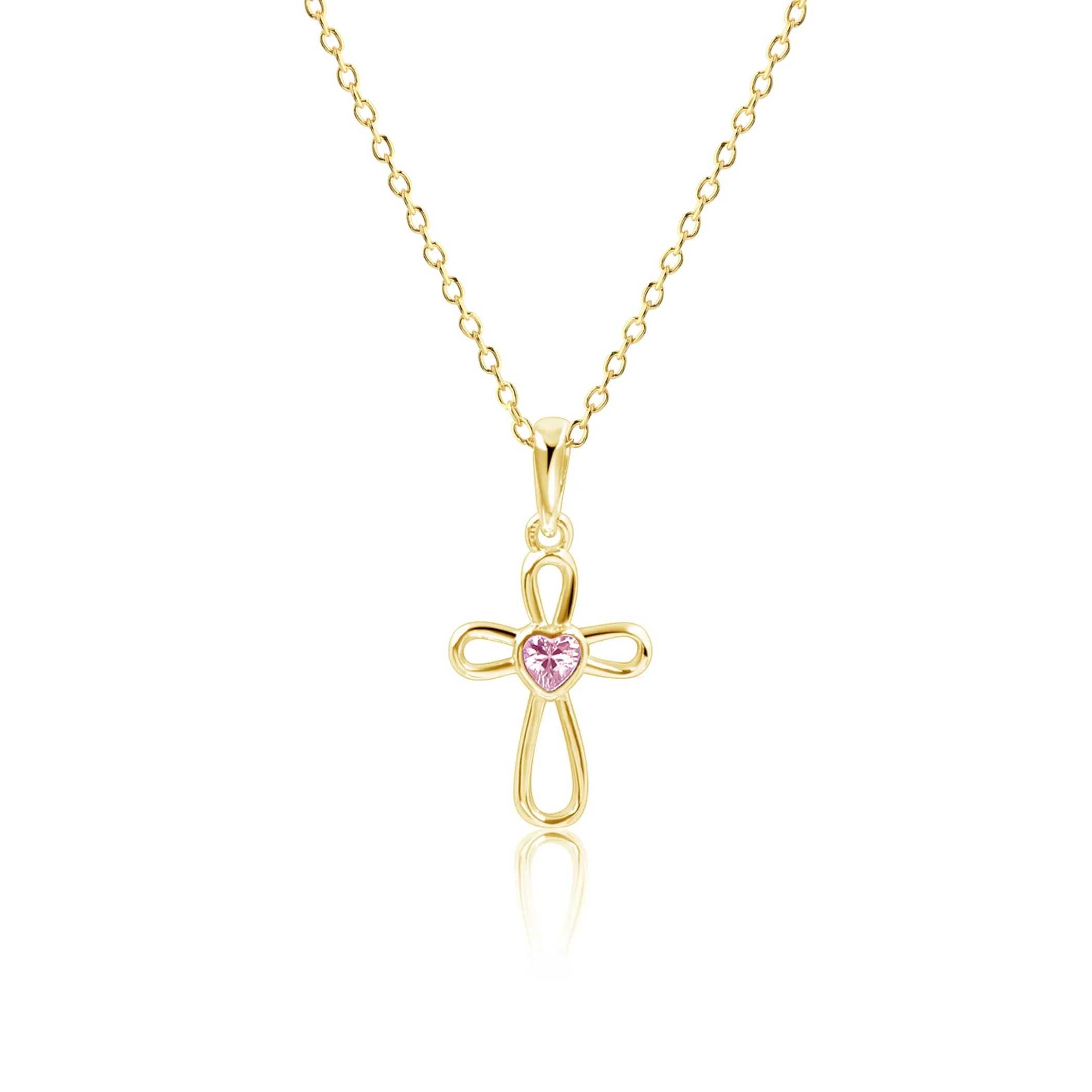 14K Gold-Plated Children's Infinity Cross Necklace with Pink CZ Heart for Girls
