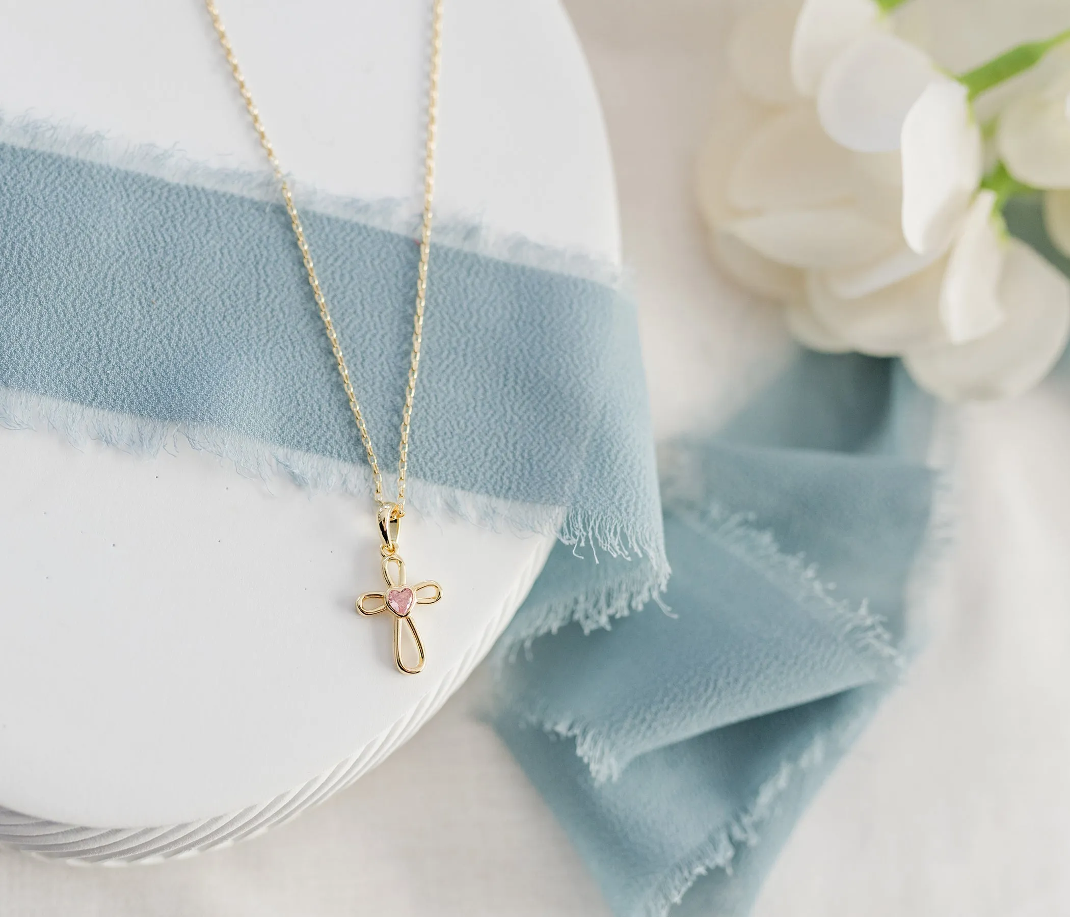 14K Gold-Plated Children's Infinity Cross Necklace with Pink CZ Heart for Girls