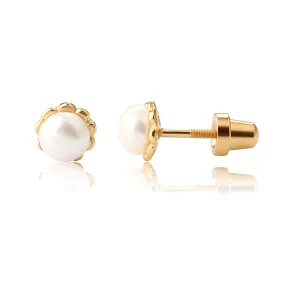 14K Gold-Plated Child's Freshwater Pearl Screw Back Earrings with Scalloped Edge