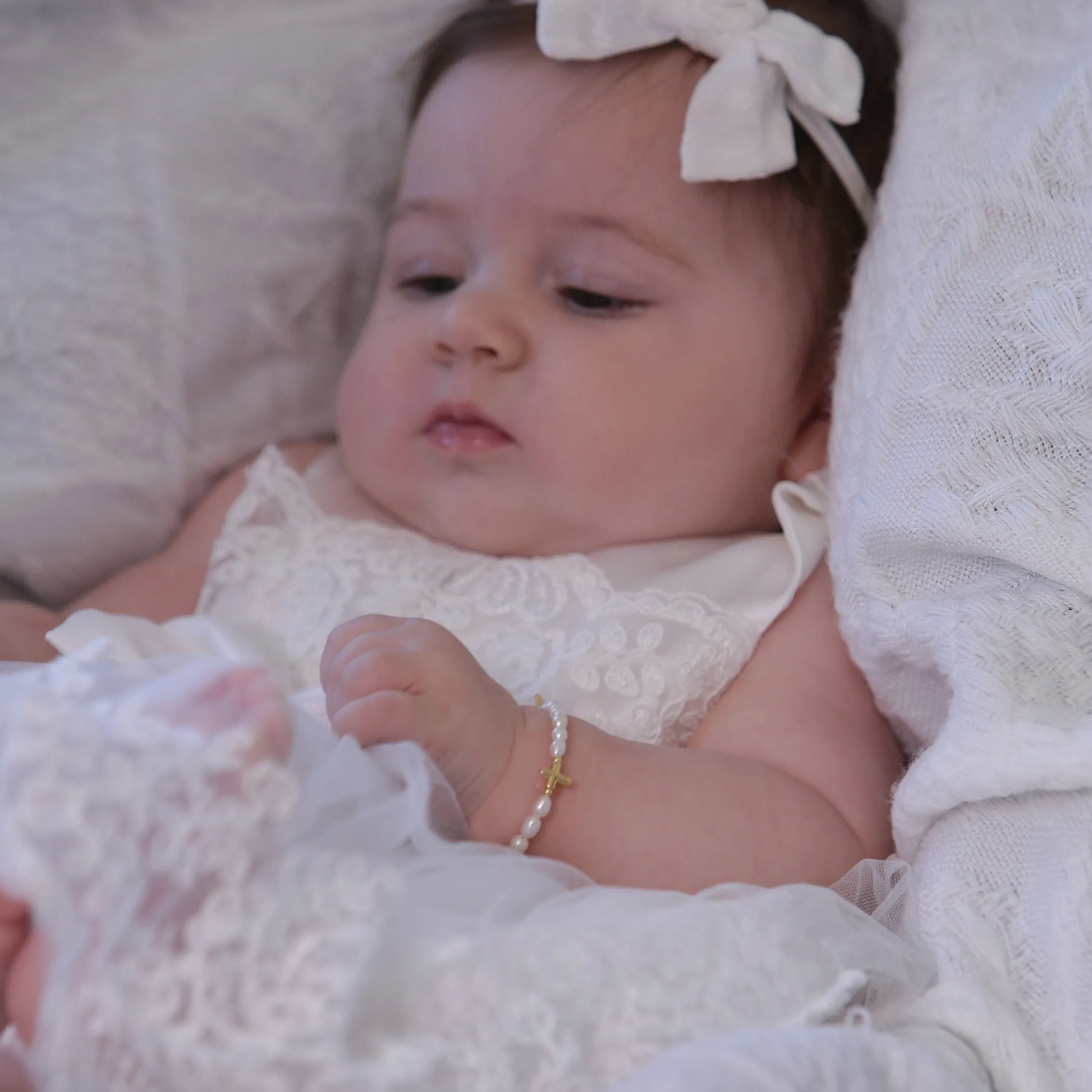 14K Gold Plated Cultured Pearl Cross Bracelet for Baptism & Communion with FREE Engraving