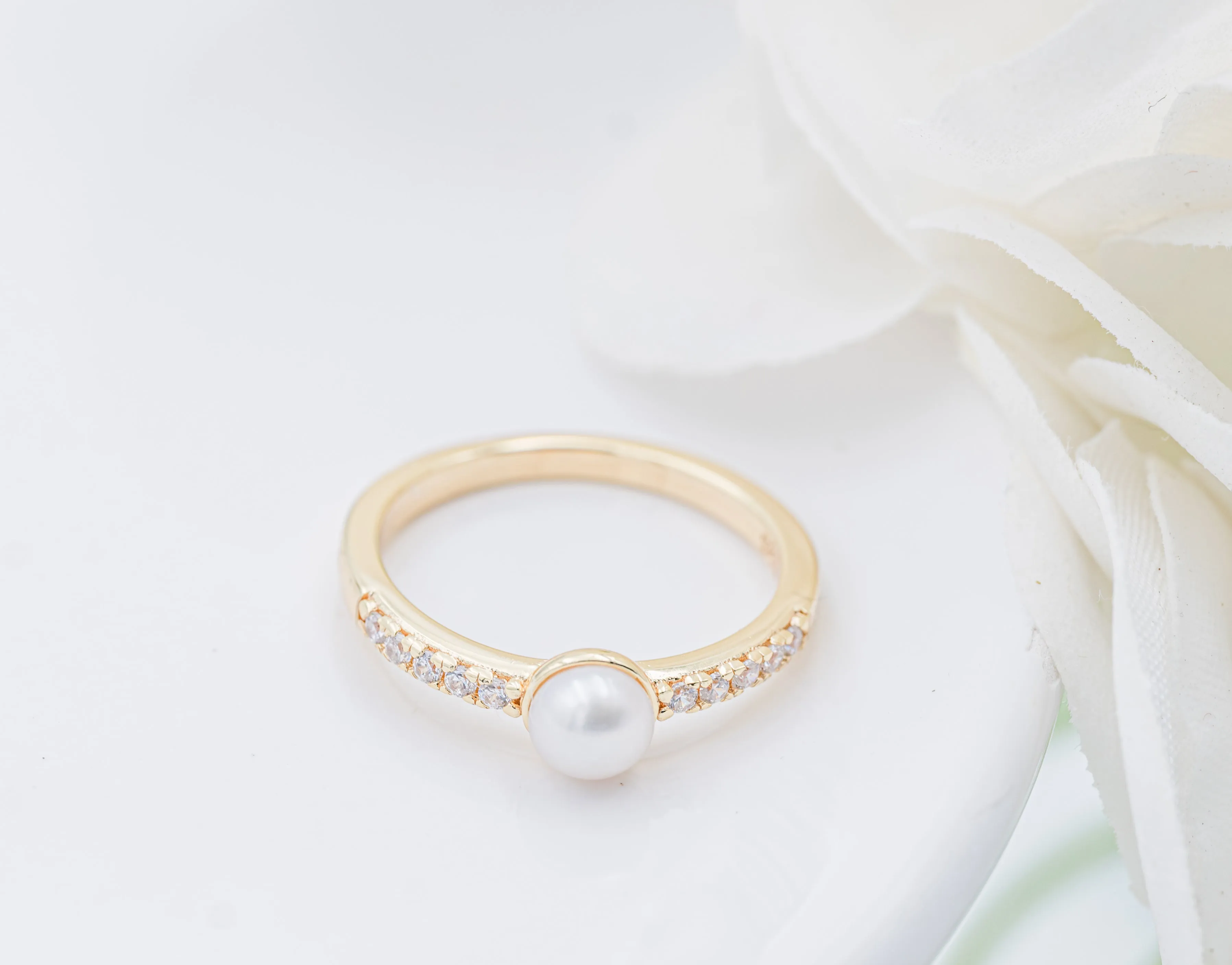 14K Gold-Plated Pearl Baby Ring with CZs for Kids