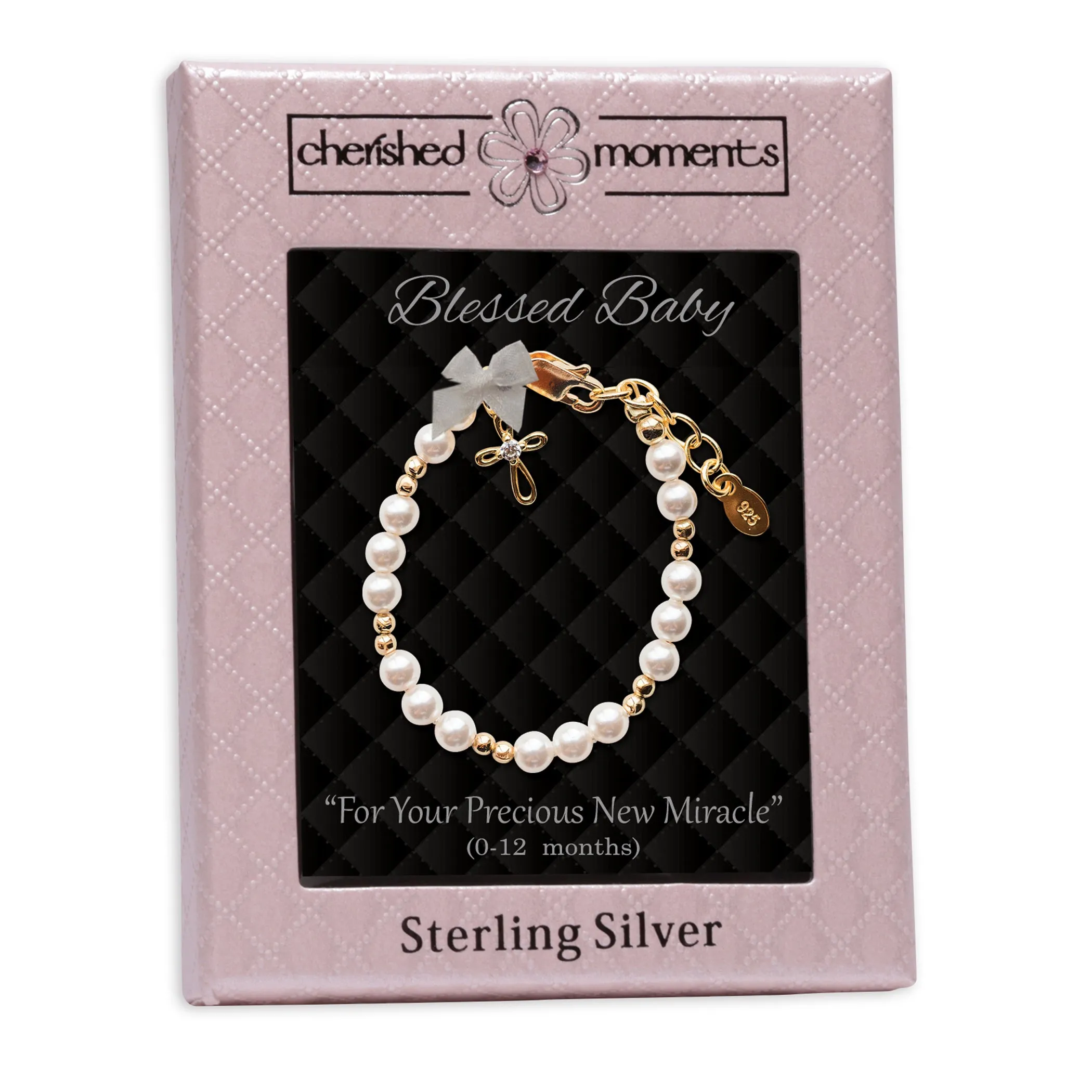 14K Gold Plated Pearl Baptism Cross Bracelet for Infant Newborn Baby Girl Gift