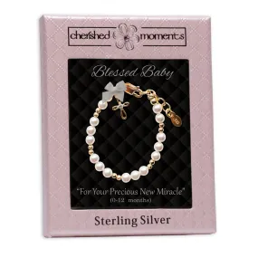 14K Gold Plated Pearl Baptism Cross Bracelet for Infant Newborn Baby Girl Gift