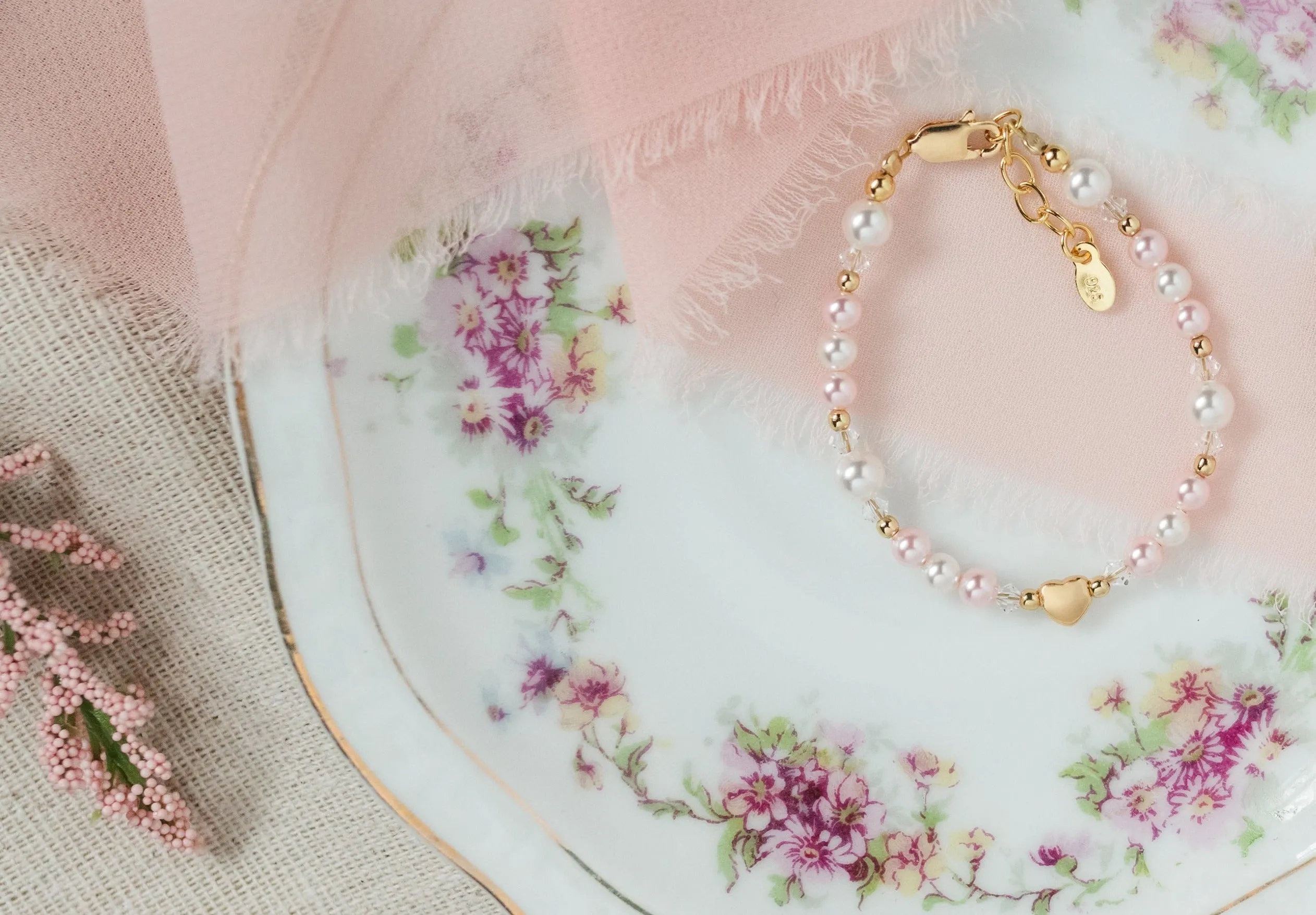 14K Gold-Plated Pink and White Pearl Heart Bracelet for Babies and Kids