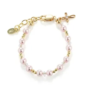 14K Gold-Plated Pink Simulated Pearl with Cross Bracelet for Baby Baptism or Communion Gift