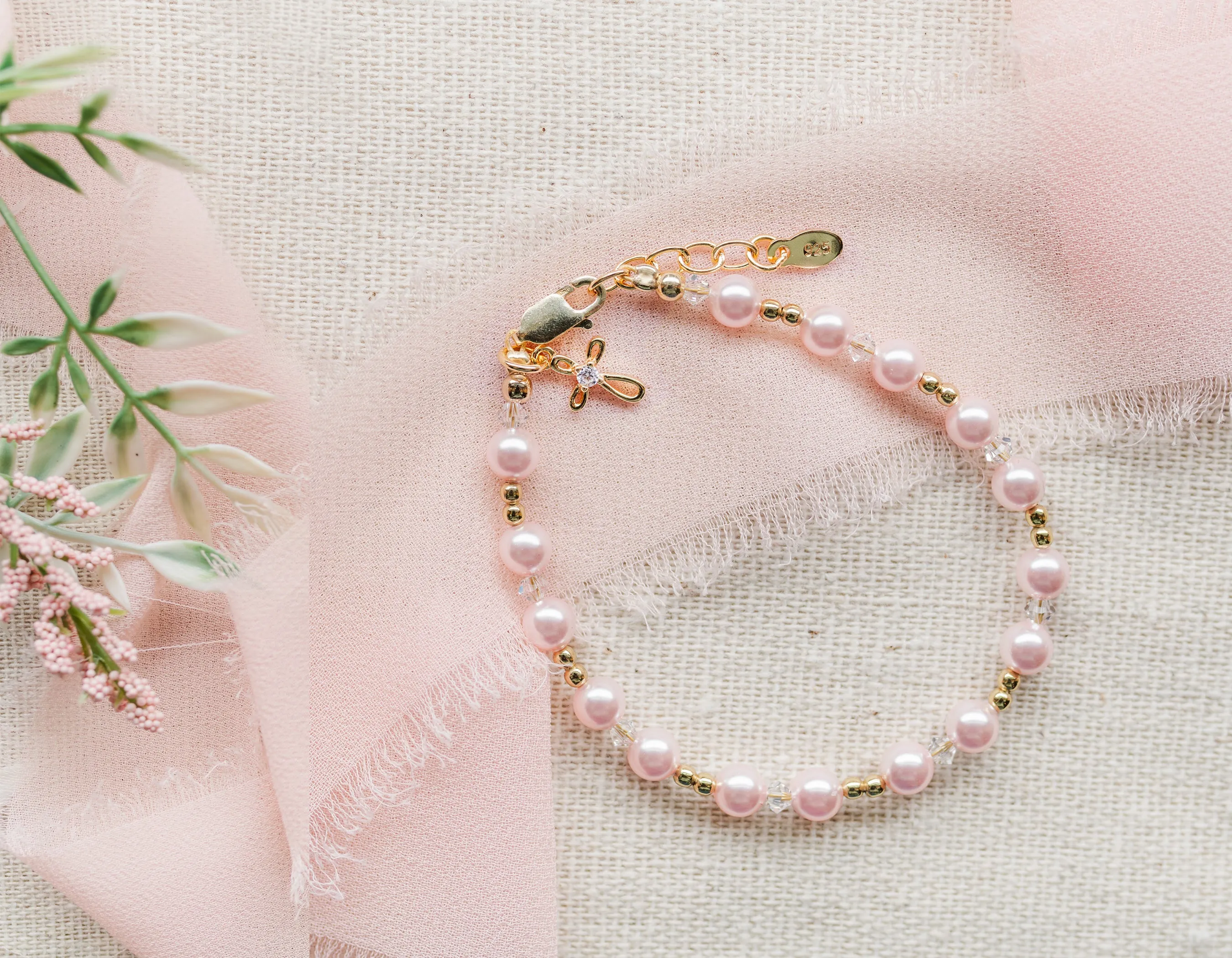 14K Gold-Plated Pink Simulated Pearl with Cross Bracelet for Baby Baptism or Communion Gift