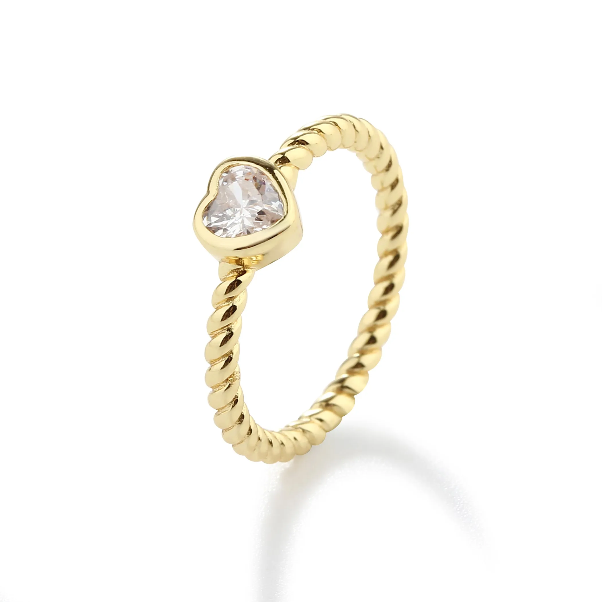 14K Gold-Plated Rope Ring with Clear CZ Heart for Girls