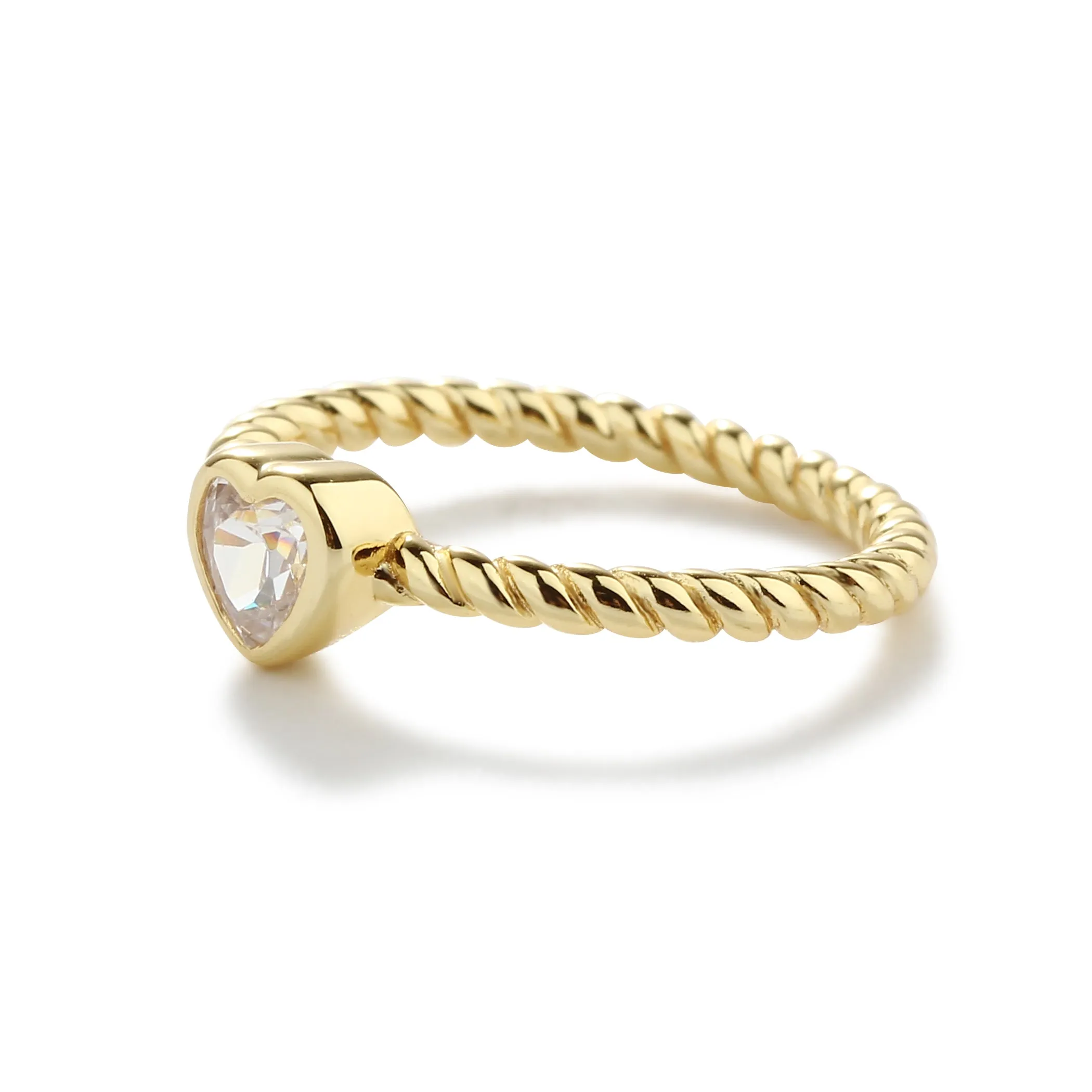 14K Gold-Plated Rope Ring with Clear CZ Heart for Girls
