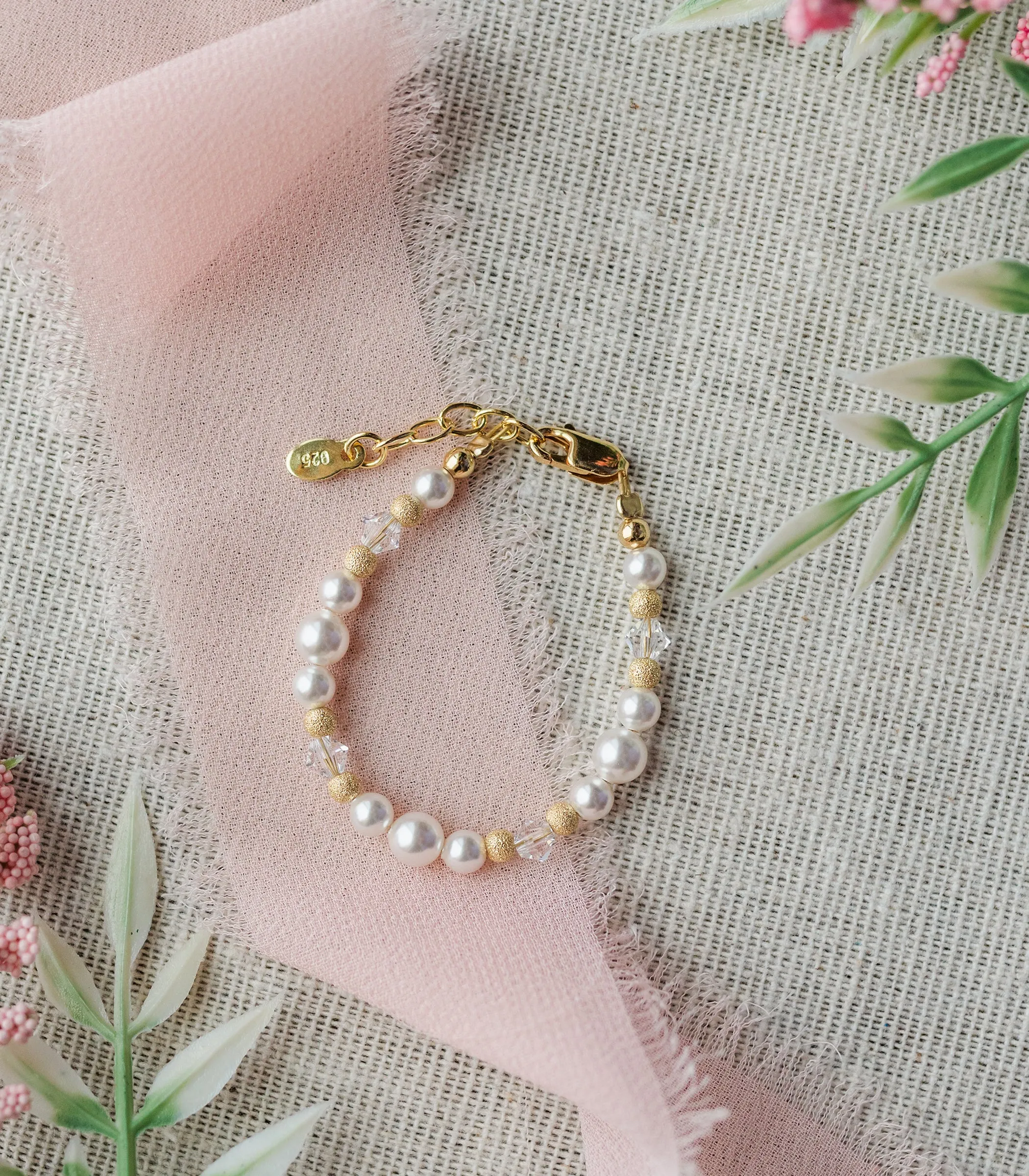 14K Gold-Plated Simulated Pearl Baby Bracelet with Stardust Beads for Girls