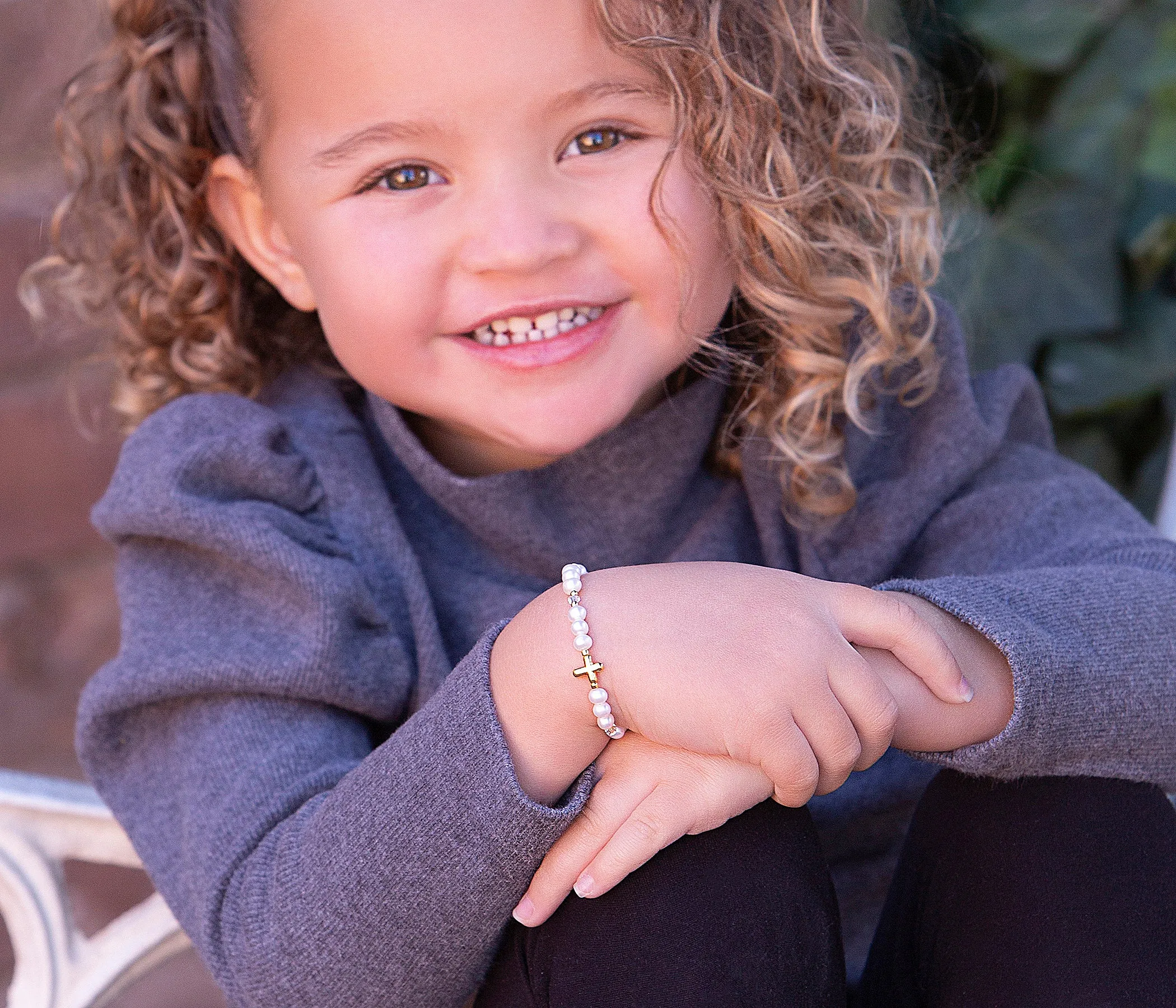 14K Gold-Plated Simulated Pearl Bracelet with Cross Baptism or First Communion Gift