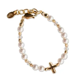 14K Gold-Plated Simulated Pearl Bracelet with Cross Baptism or First Communion Gift