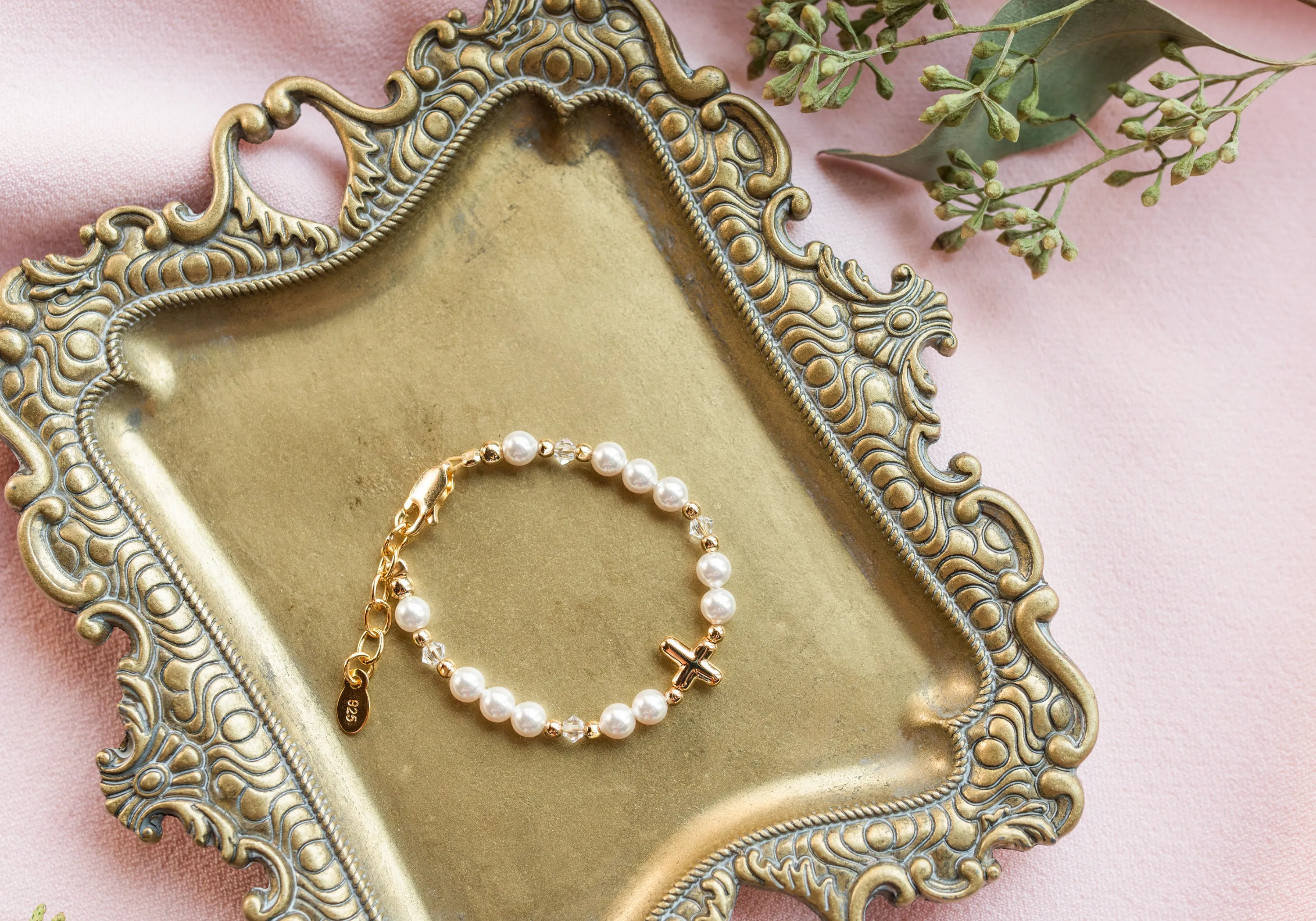 14K Gold-Plated Simulated Pearl Bracelet with Cross Baptism or First Communion Gift