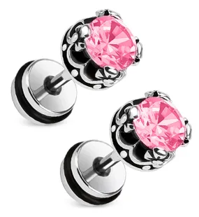 16G Pink Crest CZ Steel Fake Plugs - Gauges