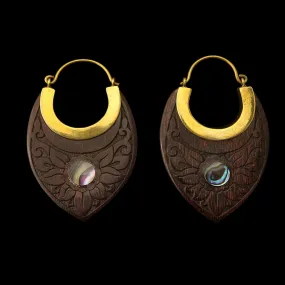 18G Nevus Engraved Abalone Wooden Hangers - Earrings