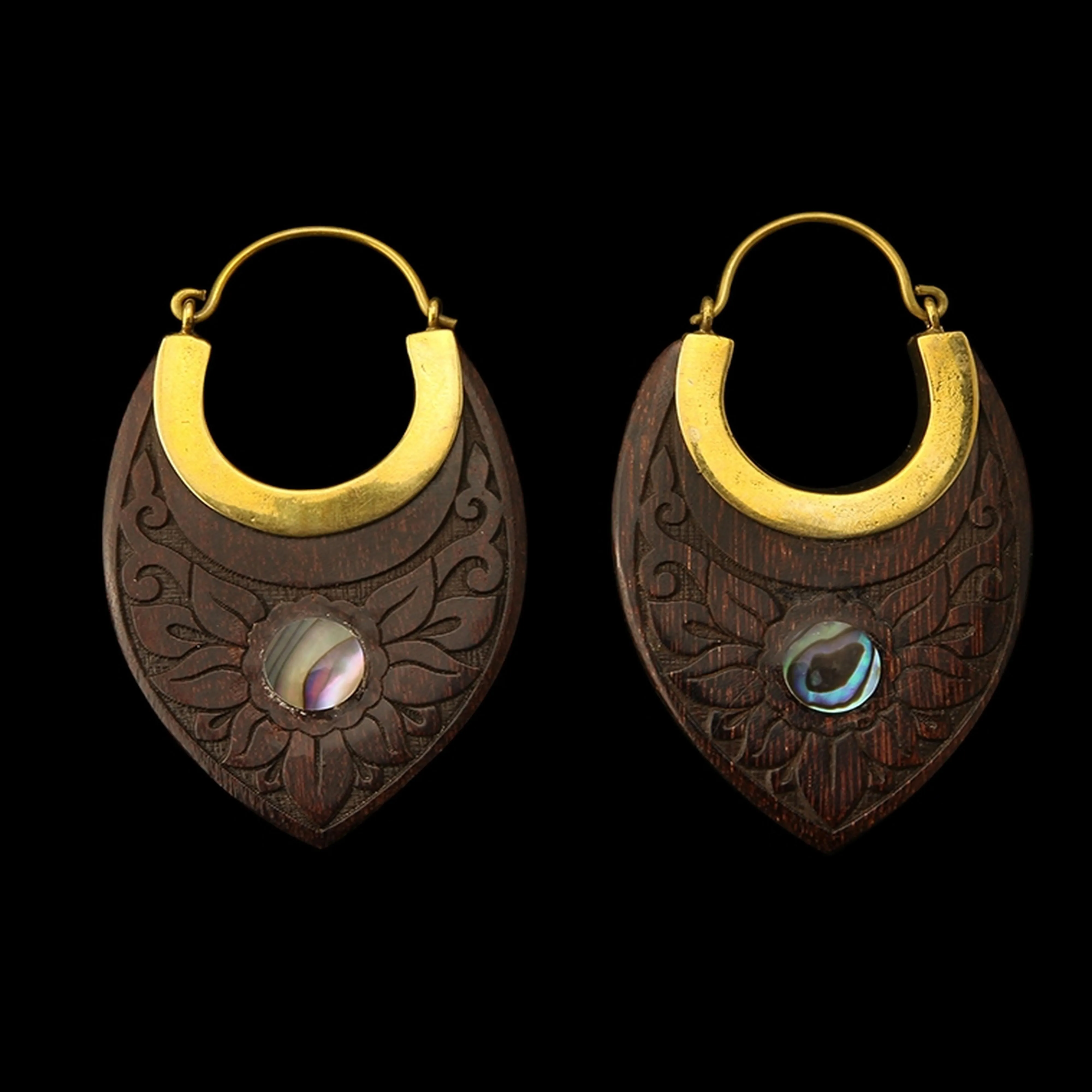 18G Nevus Engraved Abalone Wooden Hangers - Earrings