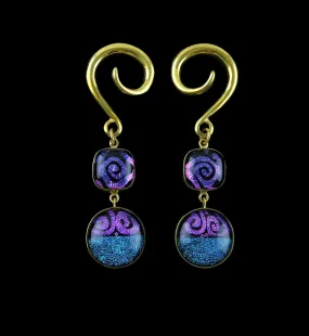Aqua Purple Coil Glass Cab Brass Ear Weights