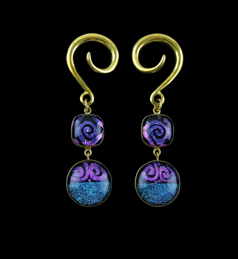 Aqua Purple Coil Glass Cab Brass Ear Weights