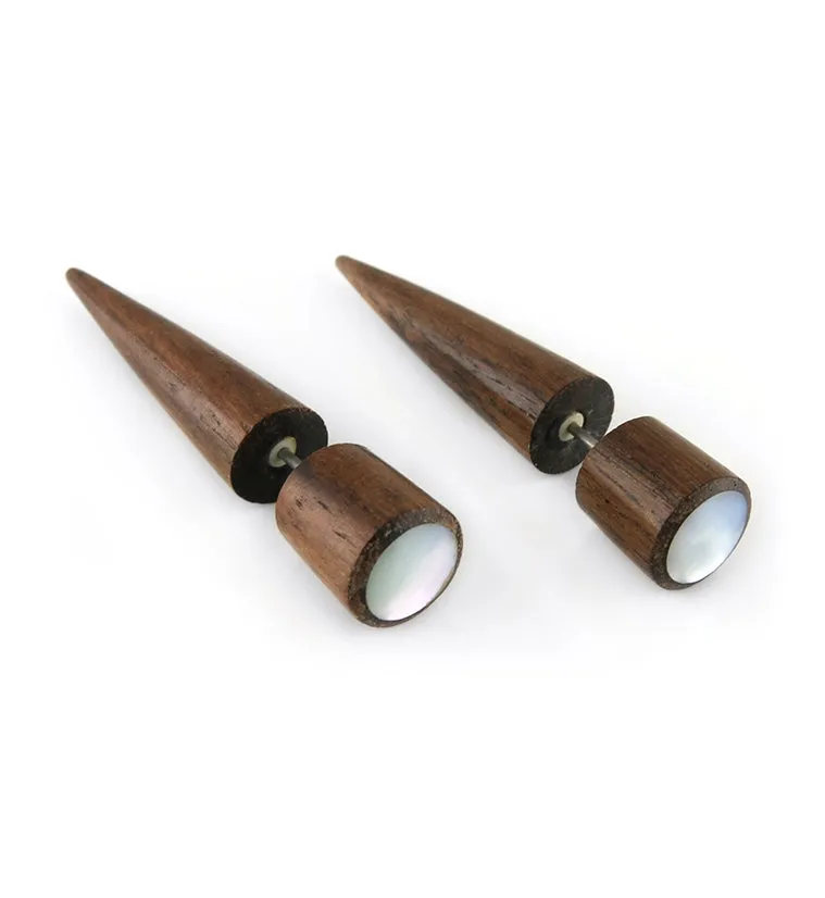 Areng Wood Fake Gauge MOP Shell Tapers Tribal Earrings