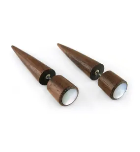Areng Wood Fake Gauge MOP Shell Tapers Tribal Earrings