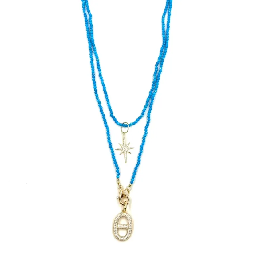 Ashley Gold Stainless Steel Gold Plated Turquoise Beaded Design 2 Sterling Silver Charm Necklace