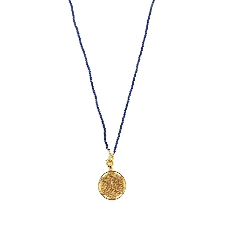 Ashley Gold Stainless Steel Gold Semi Precious Blue Beaded Necklace With Lace Design Charm Necklace