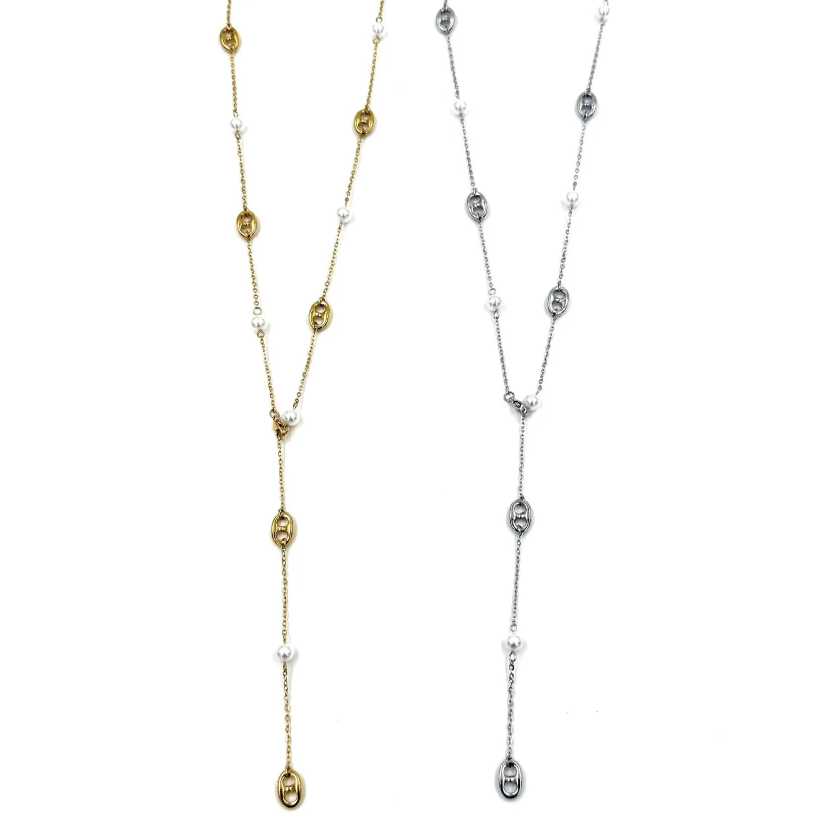 Ashley Gold Stainless Steel Open End Design And Freshwater Pearl Lariat Necklace