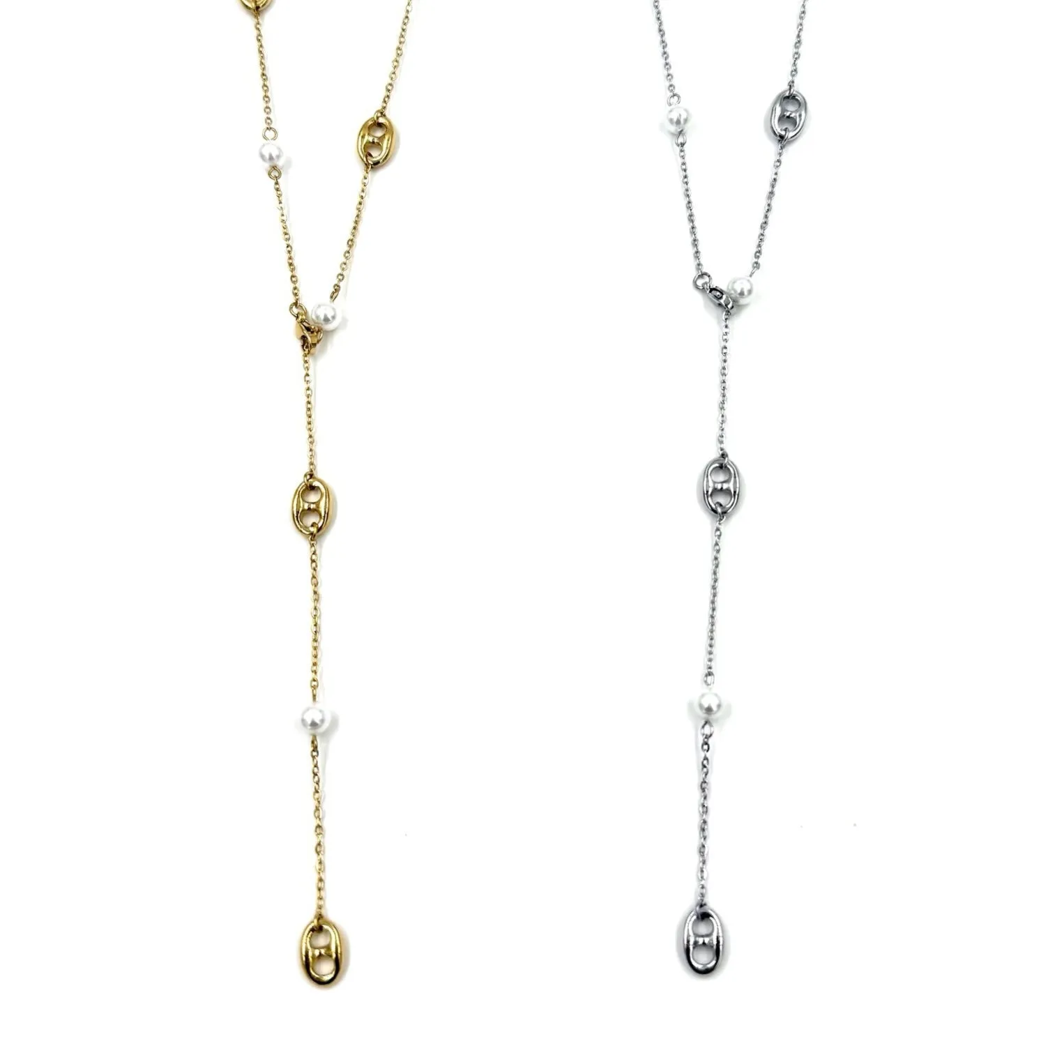 Ashley Gold Stainless Steel Open End Design And Freshwater Pearl Lariat Necklace