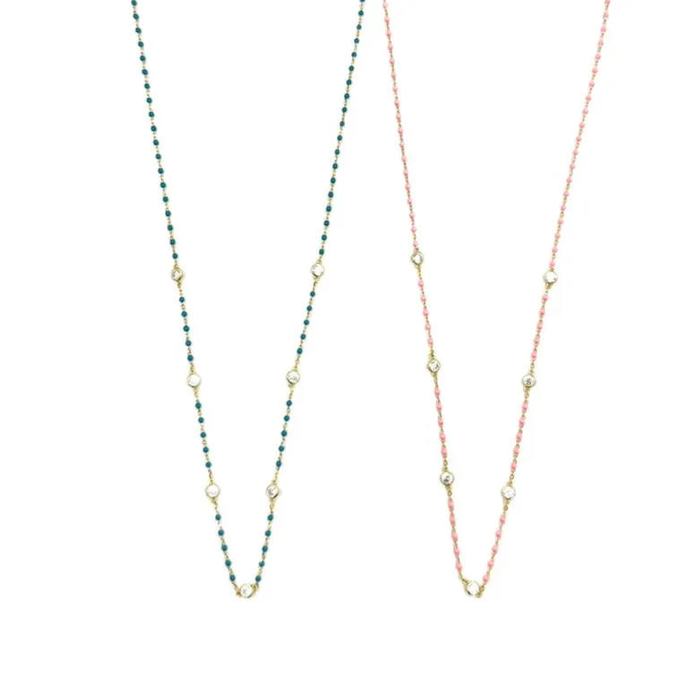 Ashley Gold Sterling Silver Gold Plated Enamel Beaded 6 CZ Necklace