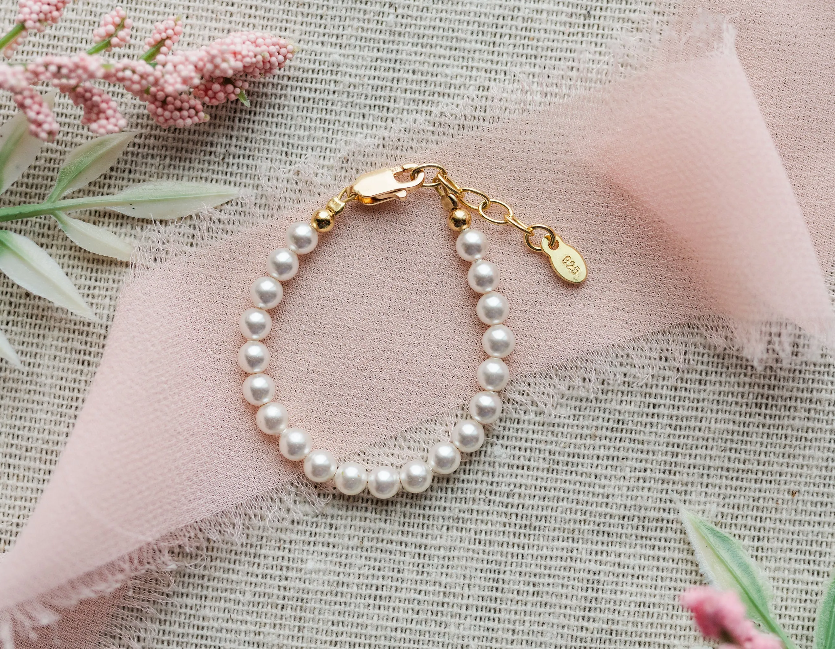 Audrey-14K Gold-Plated Pearl Bracelet with Simulated Pearls for Babies, Toddlers and Little Girls