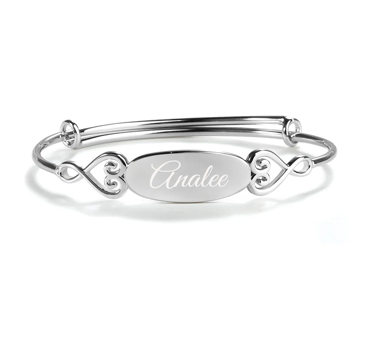 Bangle (Adjustable) - Sterling Silver Oval Bangle Bracelet for Kids with Hearts
