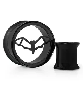 Black PVD Bat Sign Stainless Steel Double Flare Tunnel Plugs