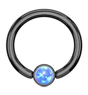 Black PVD Blue Opalite Flat Disk Captive Ring