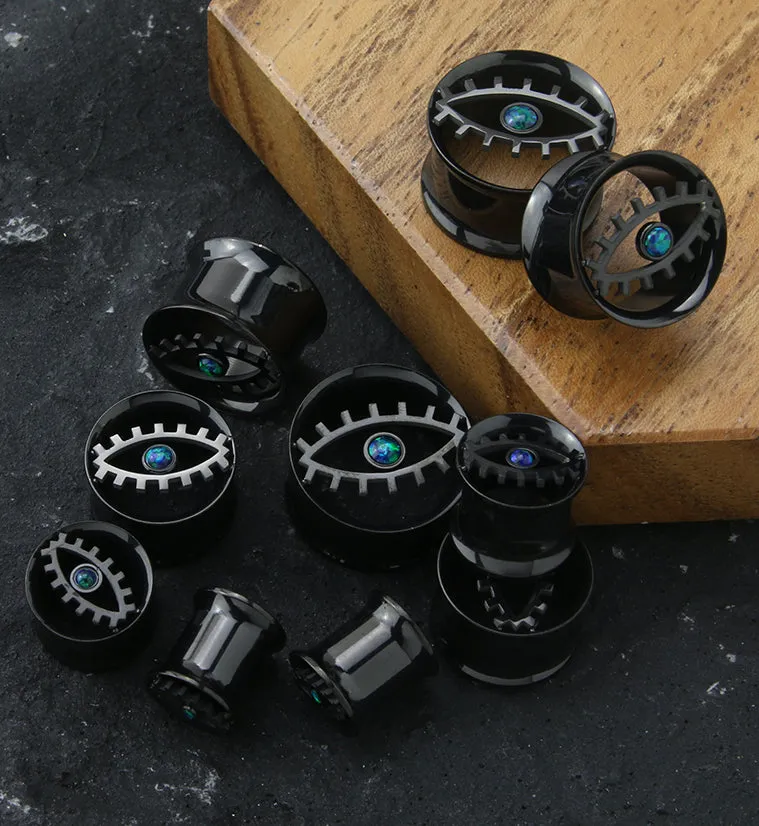 Black PVD Evil Eye Green Opalite Stainless Steel Tunnel Plugs