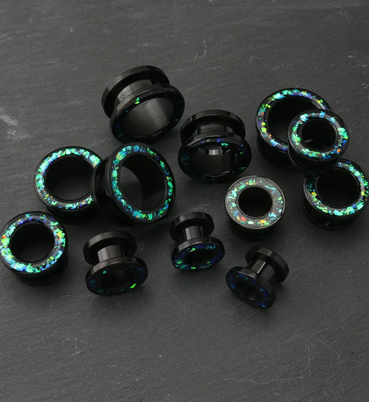 Black PVD Glitter Green Opalite Stainless Steel Screw Back Tunnels