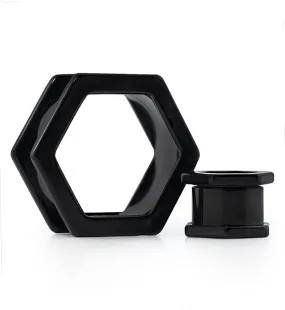 Black PVD Hexagon Stainless Steel Screw Back Tunnel Plugs
