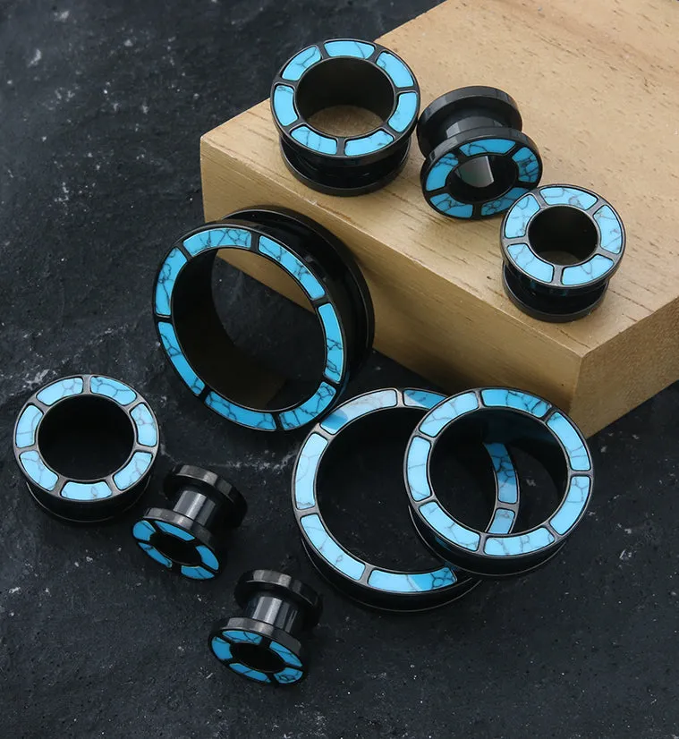Black PVD Howlite Turquoise Rim Stainless Steel Tunnel Plugs