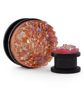 Black PVD Stainless Steel Plugs With Coral Pink Druzy Inlay