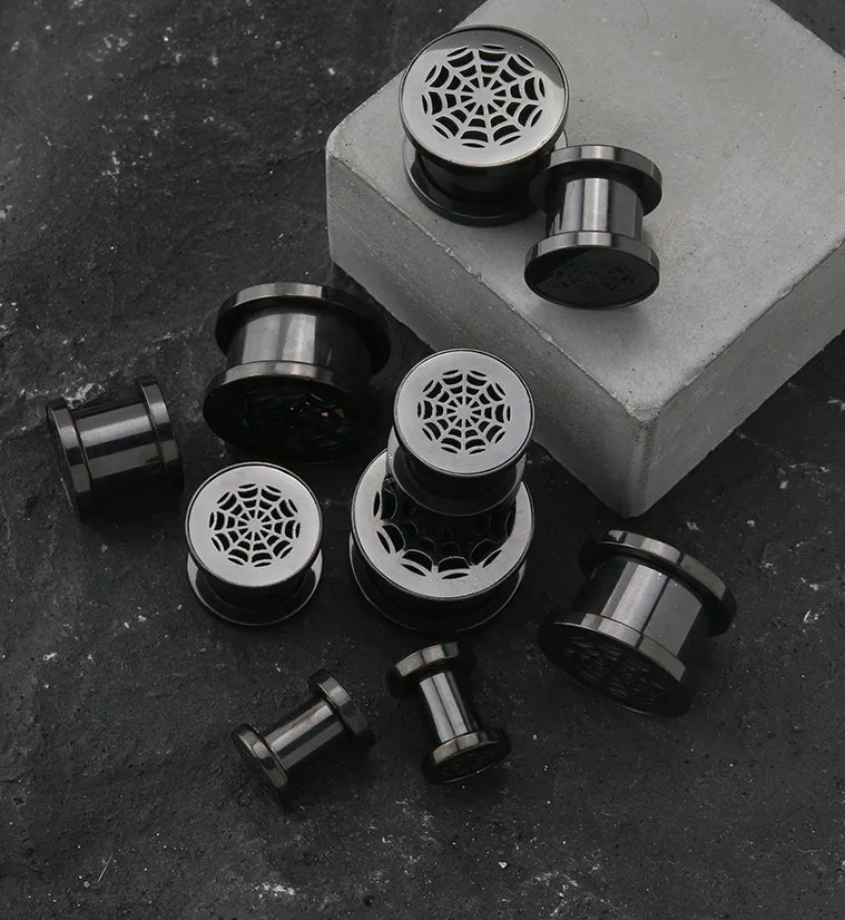 Black Spider Web Stainless Steel Tunnel Plugs