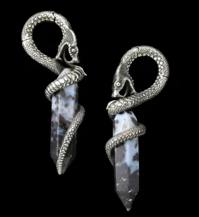 Blue Flame Petrified Palm Root Cobra White Brass Hinged Ear Weights