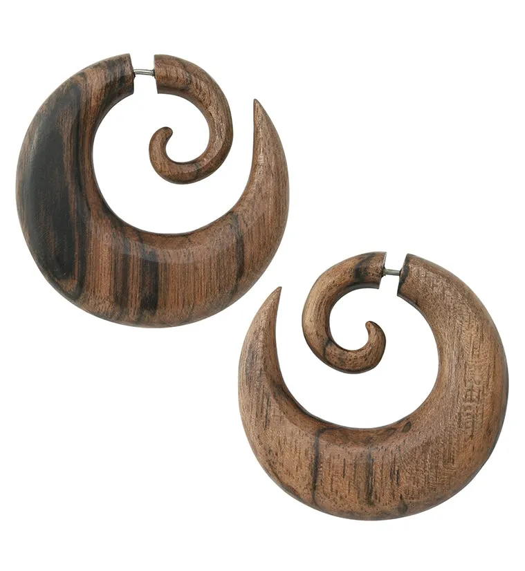 Broad Areng Wood Fake Gauge Spiral Earrings