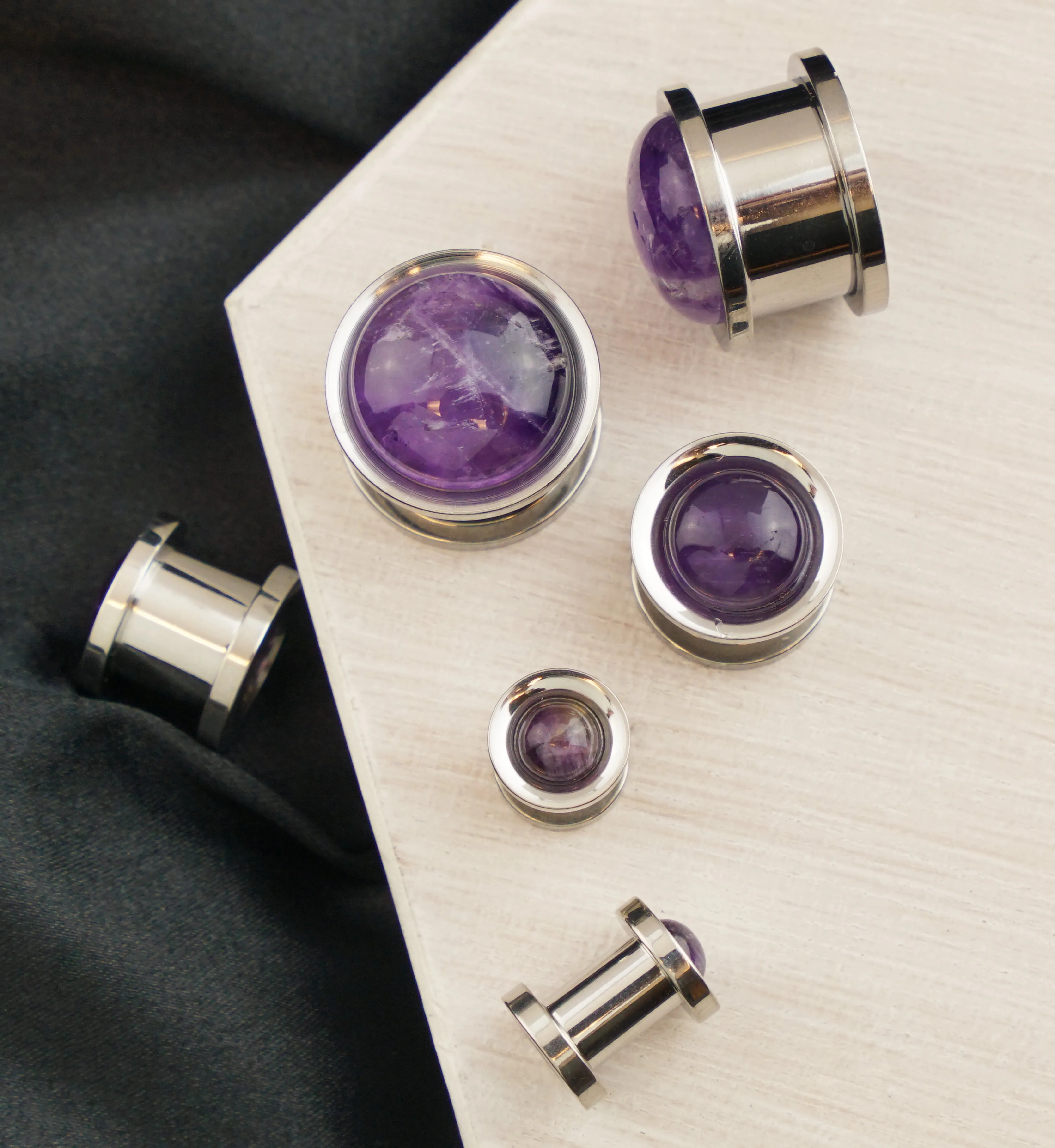 Cabochon Amethyst Stainless Steel Screw Back Tunnel Plugs