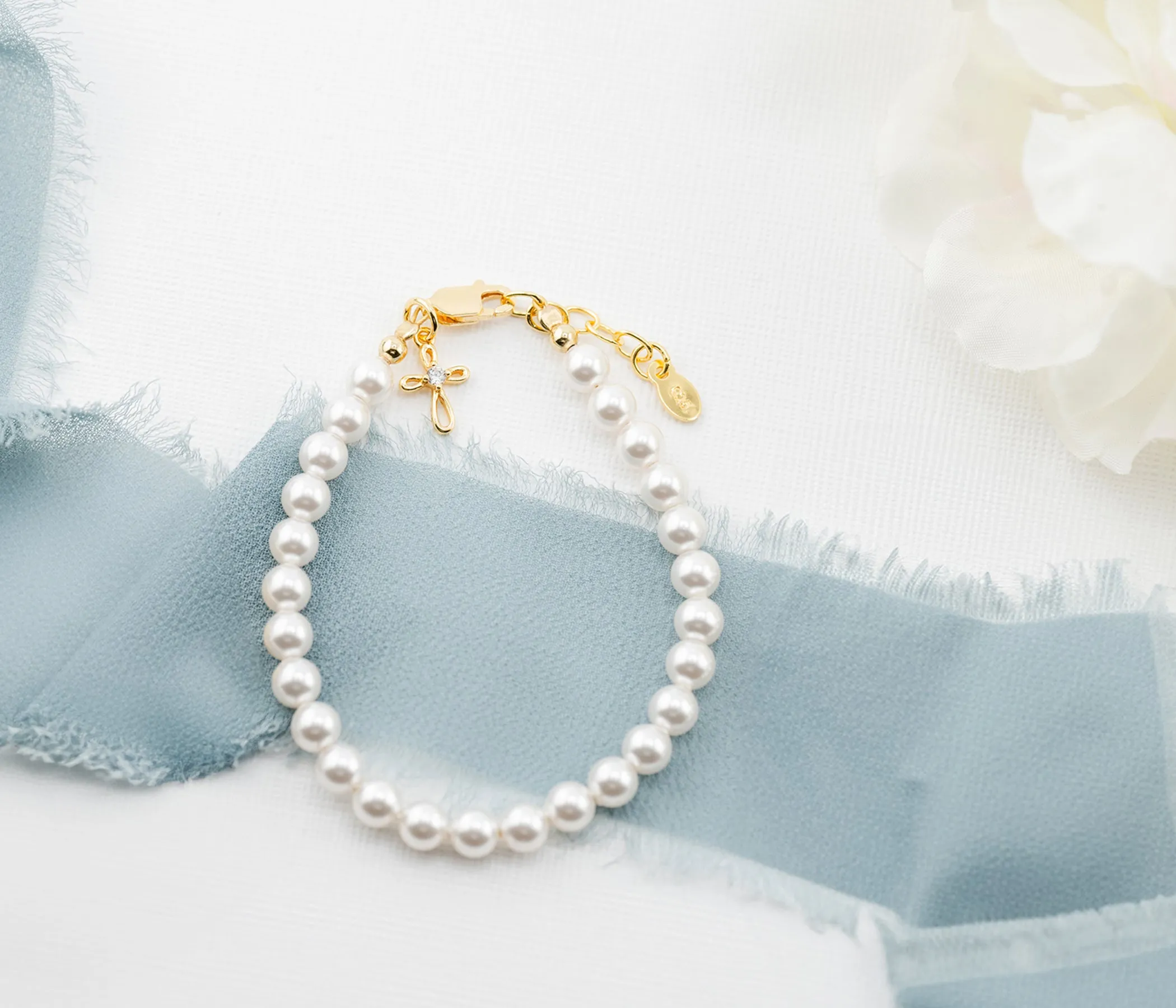 Children's 14K Gold-Plated Cross Baby Bracelet with Pearls