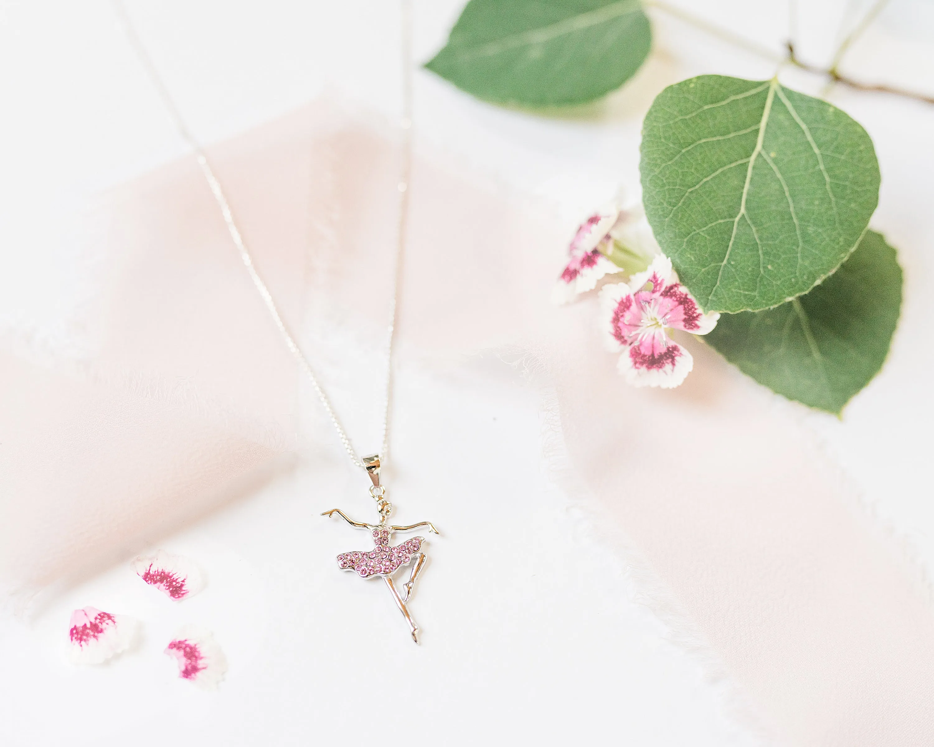 Children's Sterling Silver Ballerina Necklace with Pink Austrian Crystals for Toddlers, Little Girls Dance Team Recital Gift, Ballet Jewelry